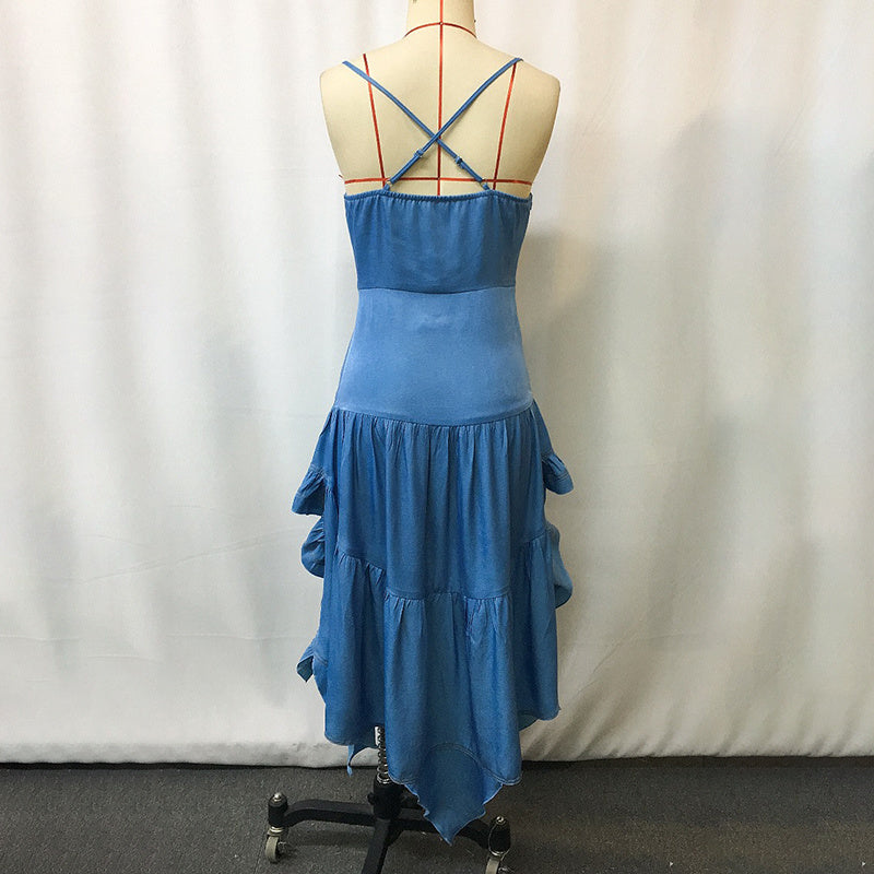 Women's Bohemian Dress, Sleeveless Spaghetti Strap Bodycon Mini Dress With Irregular Ruffled Hem For Music Festival & Rock Party, NO Belt