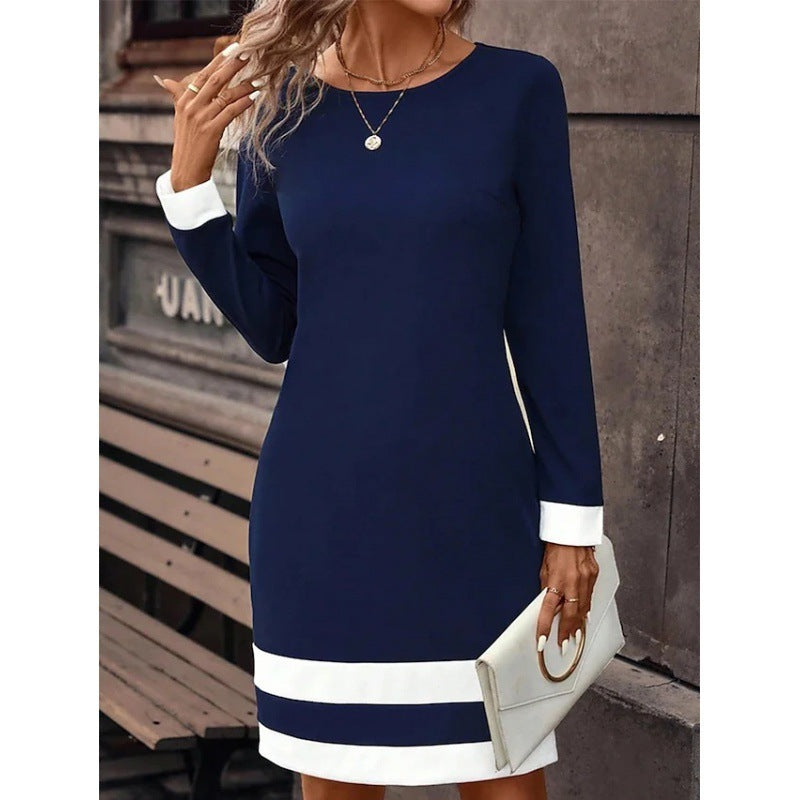 New Fashion Fitted Color-block Long-sleeve Dress With Round Neckline