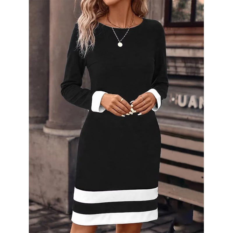 New Fashion Fitted Color-block Long-sleeve Dress With Round Neckline